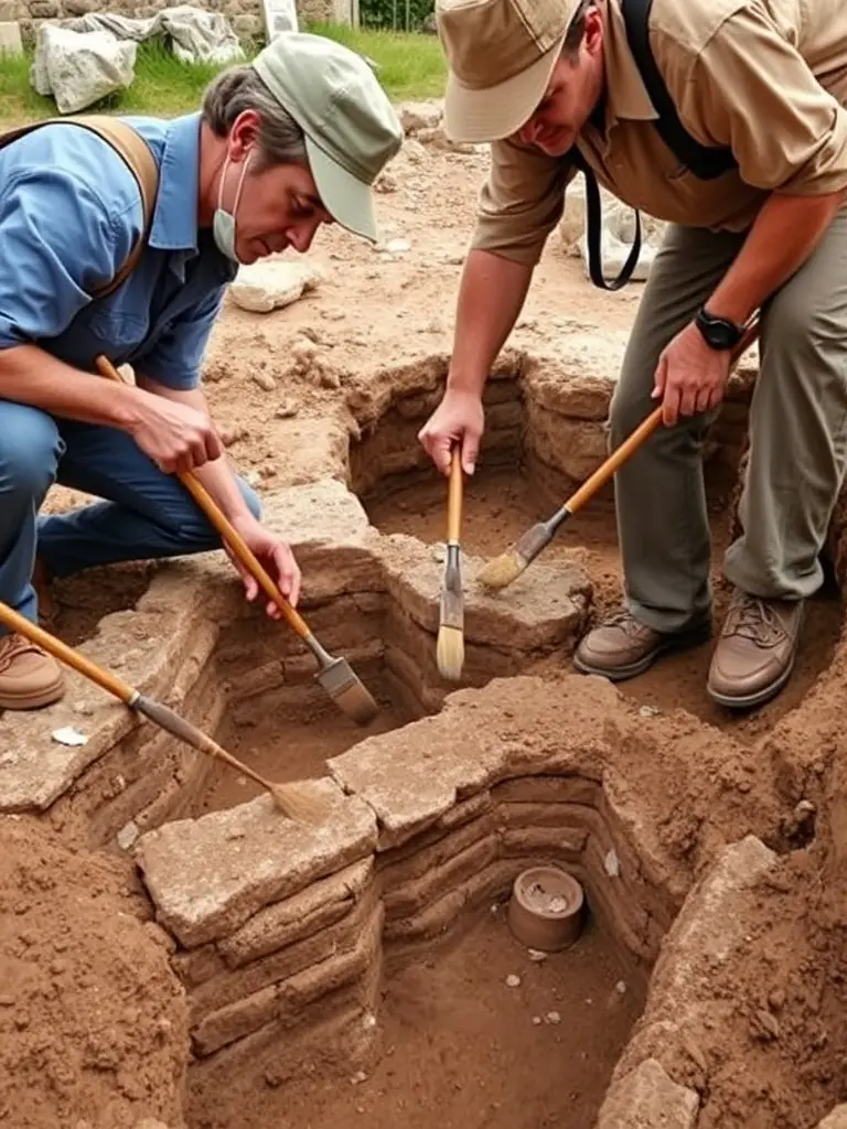 A photograph depicting archaeologists carefully excavating a Roman-era villa site in Tintignac, France, showcasing the meticulous process of unearthing ancient artifacts and structures.