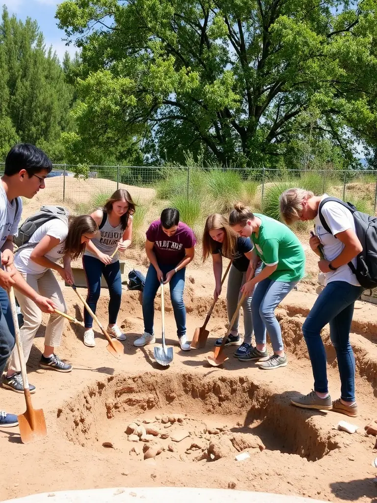 A photograph featuring a group of students participating in an archaeological dig, learning about excavation techniques and the importance of preserving historical sites.