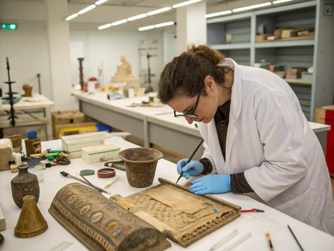 A conservator carefully restoring a delicate artifact found at an archaeological site, preserving it for future generations.