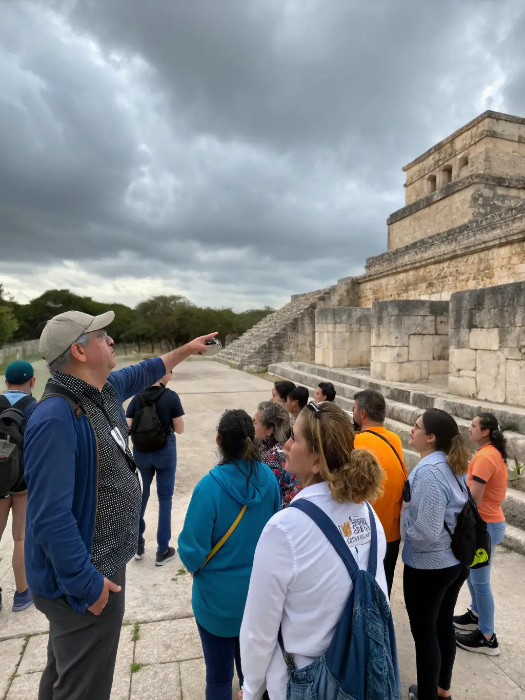 A community event at an archaeological site, with volunteers participating in a guided tour and learning about the site's history, showcasing community engagement.