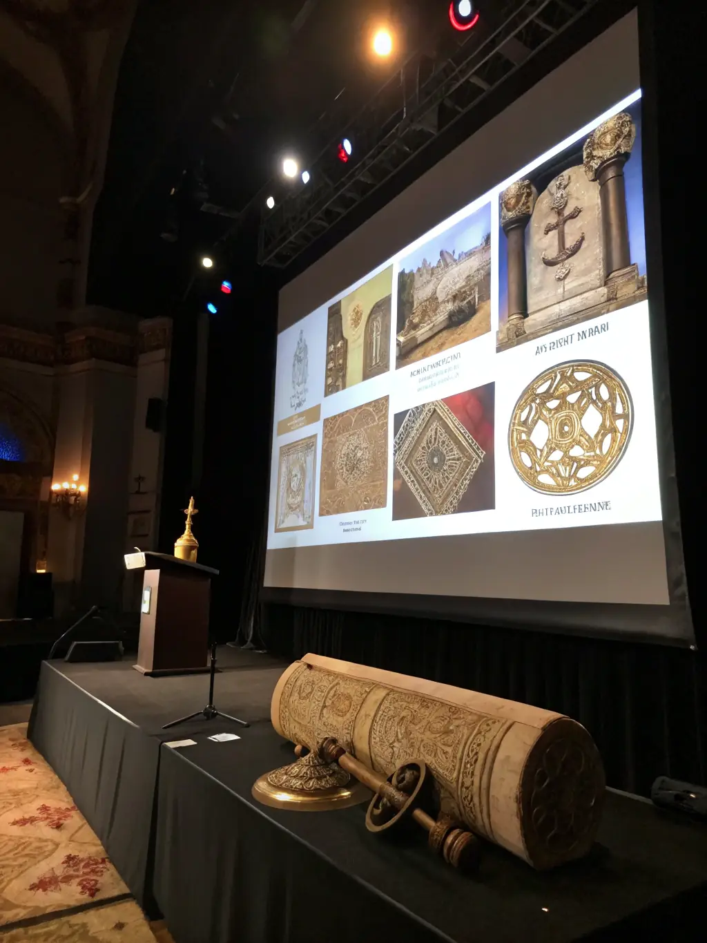 A photograph of a public lecture on Roman history, with an archaeologist presenting findings to an engaged audience, emphasizing the organization's commitment to public education.