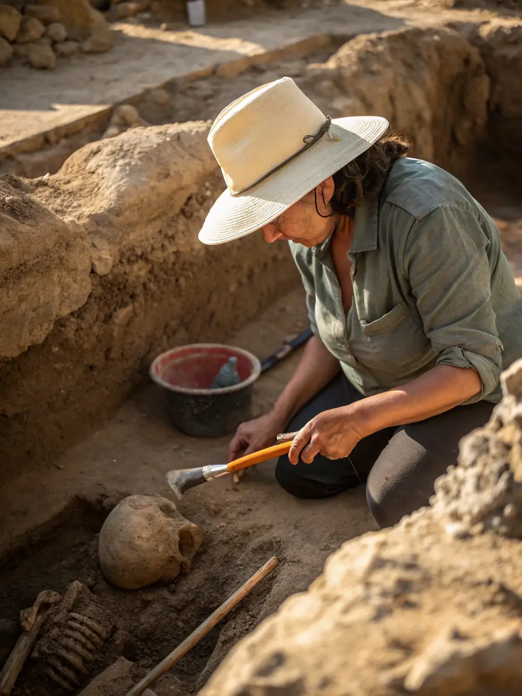 A detailed photograph of an archaeologist carefully documenting a newly unearthed artifact, using specialized tools and techniques to record its features.