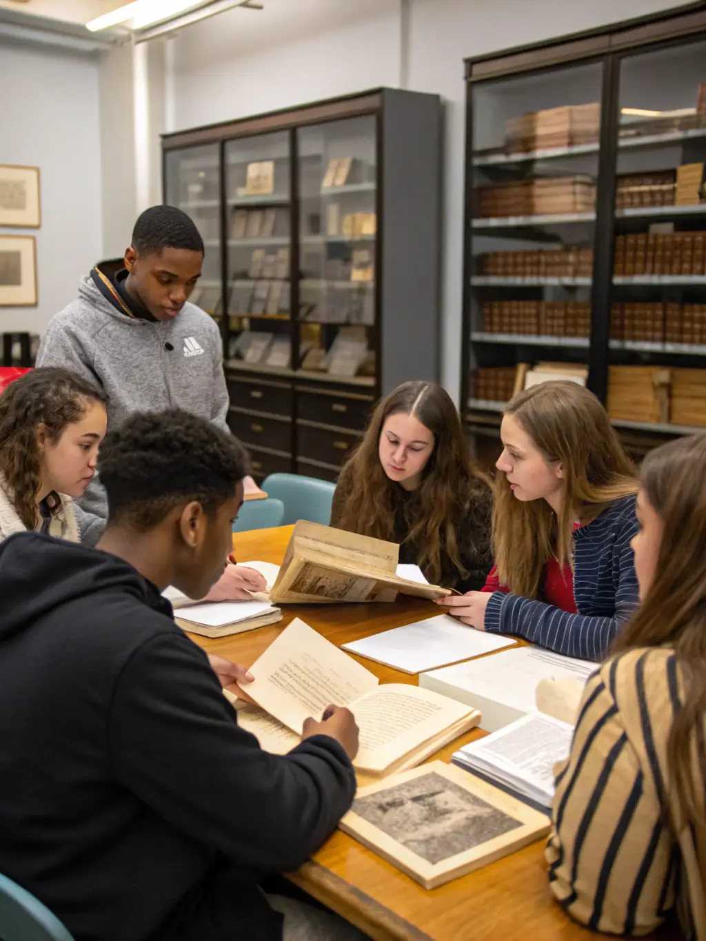 A photograph of a group of students participating in an archaeological workshop, learning about artifact identification and documentation techniques.