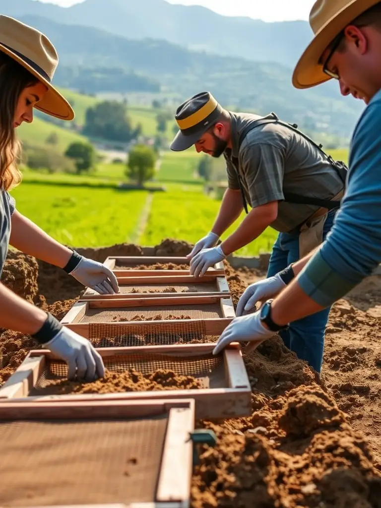 A photograph depicting a group of volunteers meticulously sifting through soil at an archaeological dig site, uncovering pottery shards and other small artifacts.
