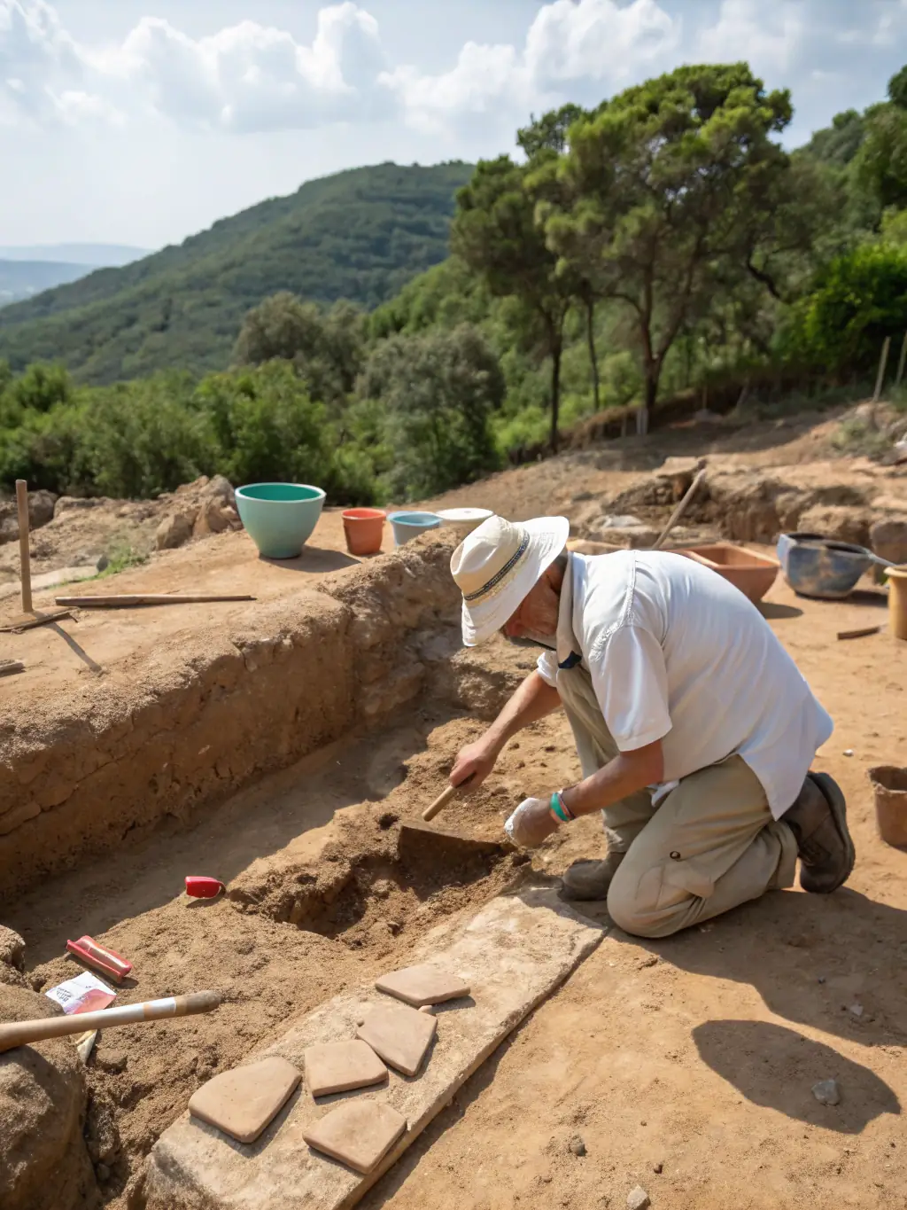 A photograph depicting archaeologists carefully excavating a Roman-era villa, uncovering mosaic floors and pottery shards, showcasing the meticulous work involved in archaeological research.