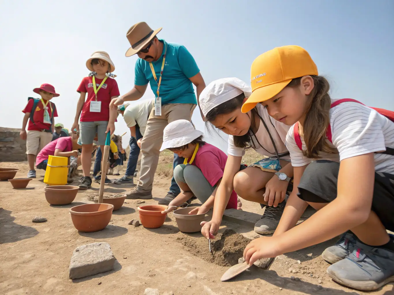 A group of students participating in an archaeological workshop, learning about ancient artifacts and excavation techniques.