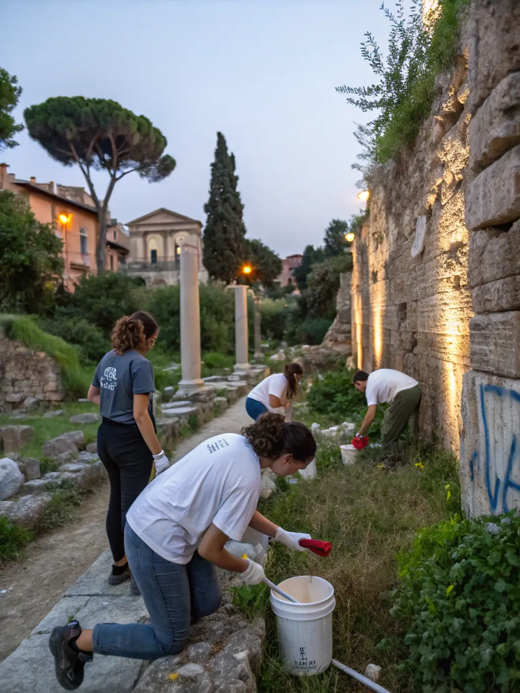 A photograph showing a team of conservationists working to restore a mosaic floor discovered at an ancient Gallo-Roman site, highlighting the delicate work involved in preserving cultural heritage.